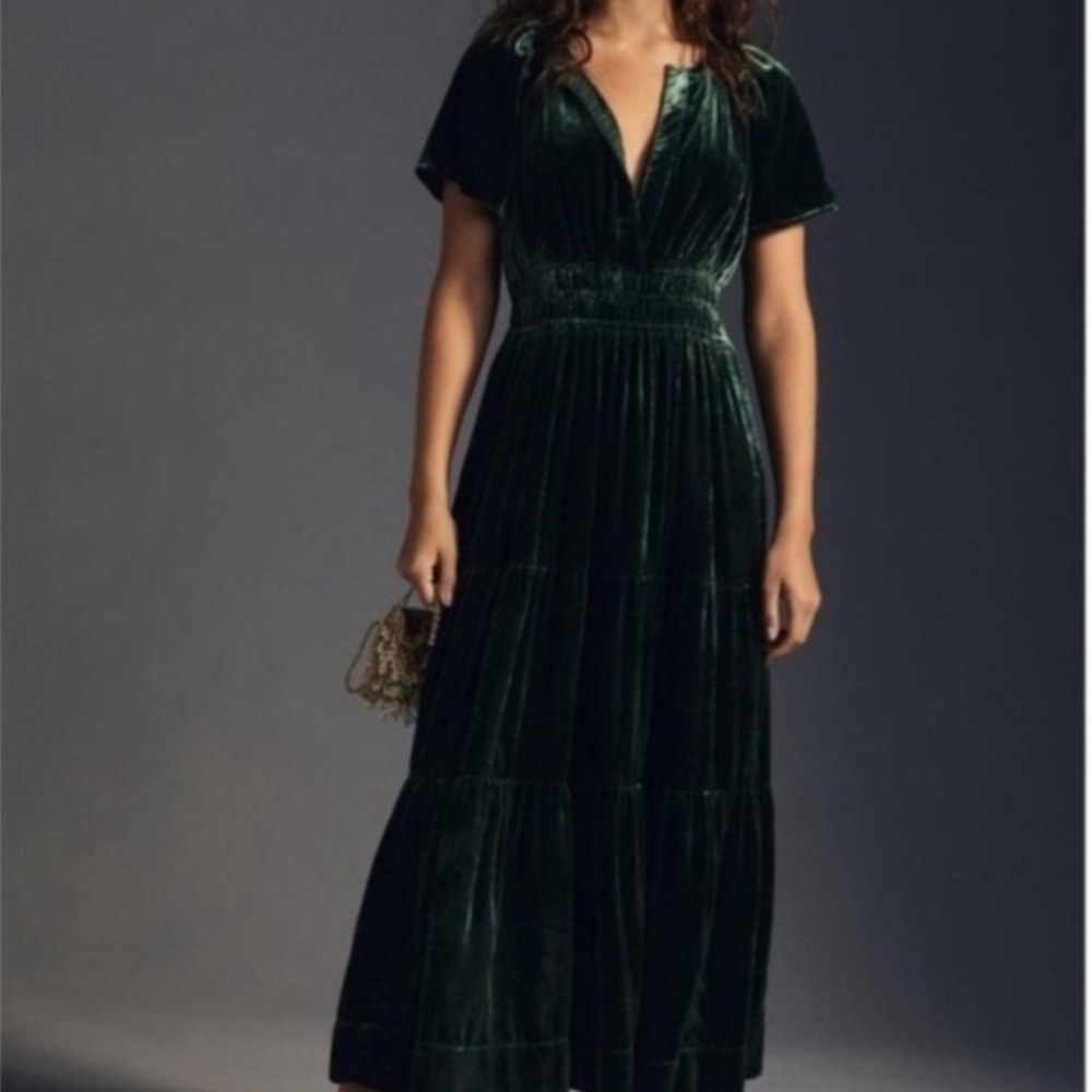 Anthropologie Deep Green Velvet Maxi Dress